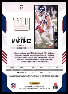 2021 Score Blake Martinez 64 New York Giants - Football Card Single