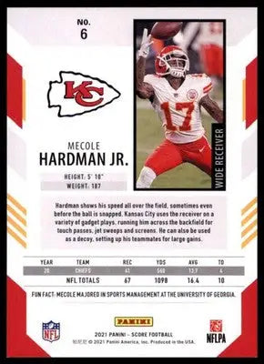 2021 Score Mecole Hardman Jr. 6 Kansas City Chiefs - Football Card Single
