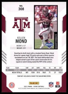 2021 Score - Red Kellen Mond 308 Texas A&M Aggies - Football Card Single