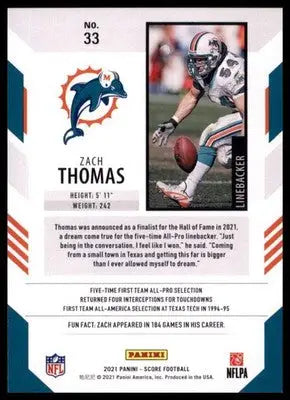 2021 Score Zach Thomas 33 Miami Dolphins - Football Card Single