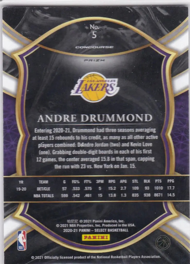 2021 Select #5 Andre Drummond Concourse Blue Purple Prizm Los Angeles Lakers - Basketball Card Single
