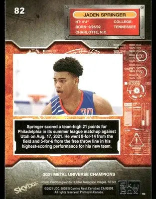 2021 SkyBox Metal Universe Champions Jaden Springer #82 Basketball - Basketball Card Single