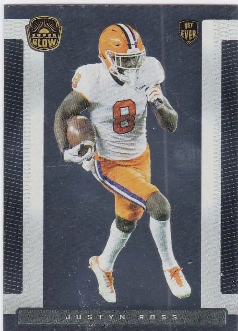 Football player in Clemson Tigers uniform showcasing Justyn Ross RC Clemson Super Glow card