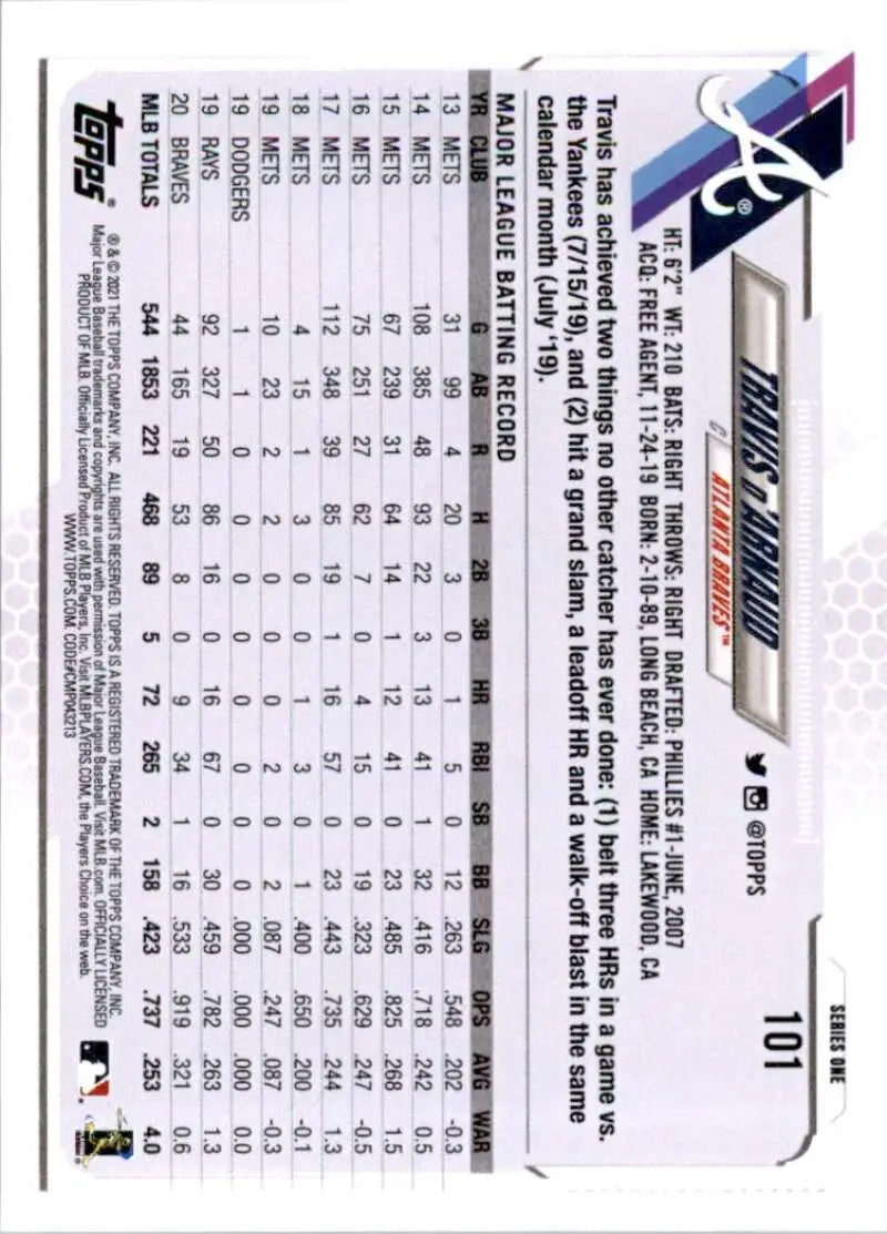 2021 Topps #101 Travis d’Arnaud NM-MT Atlanta Braves Baseball Card - Baseball Card Single