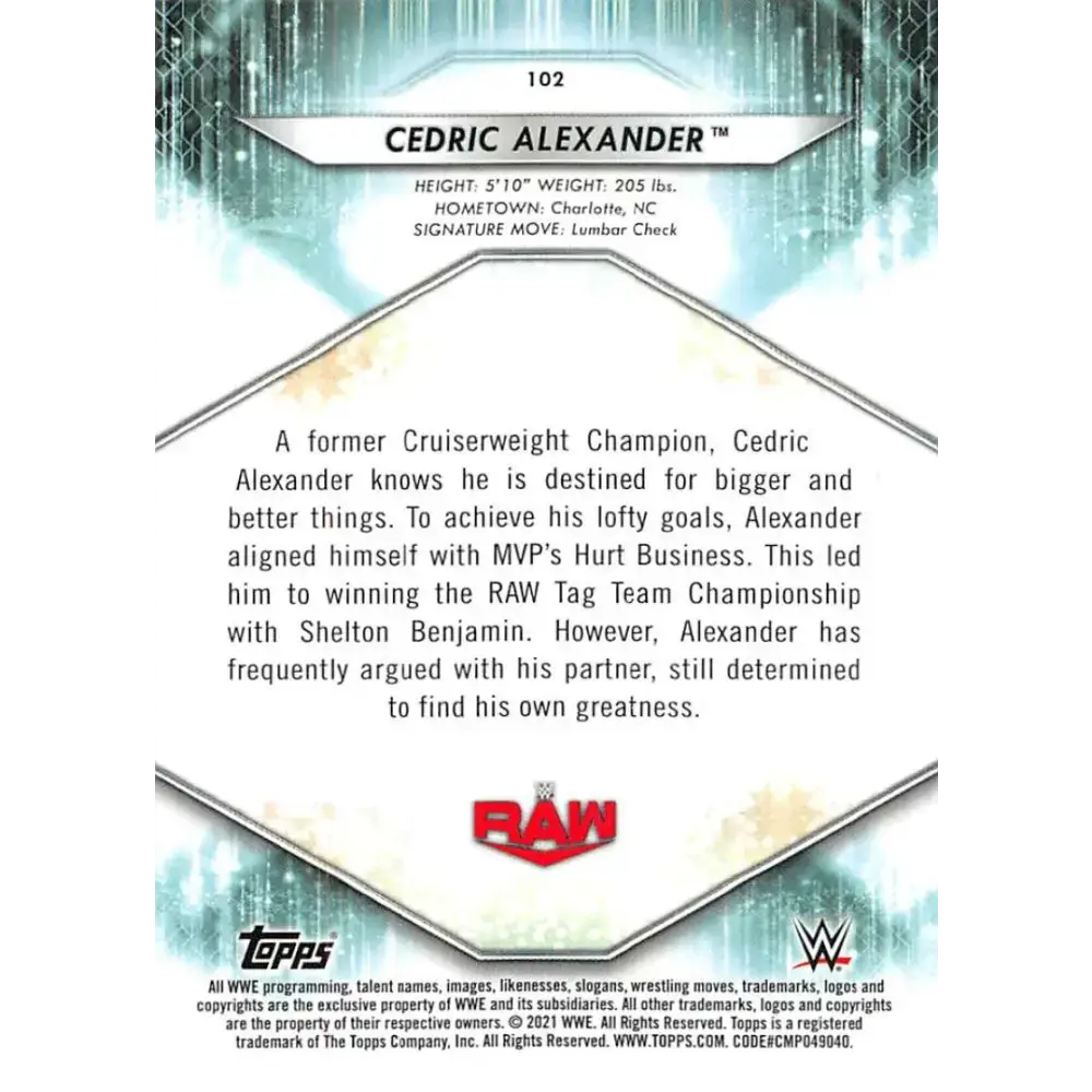 2021 Topps #102 Cedric Alexander NM-MT Wrestling Card - Wrestling Card Single
