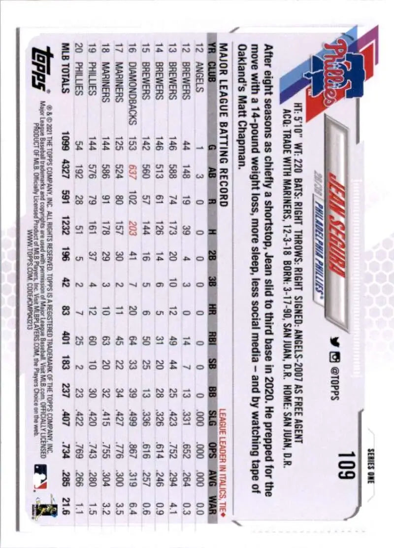 2021 Topps #109 Jean Segura NM-MT Philadelphia Phillies Baseball Card - Baseball Card Single