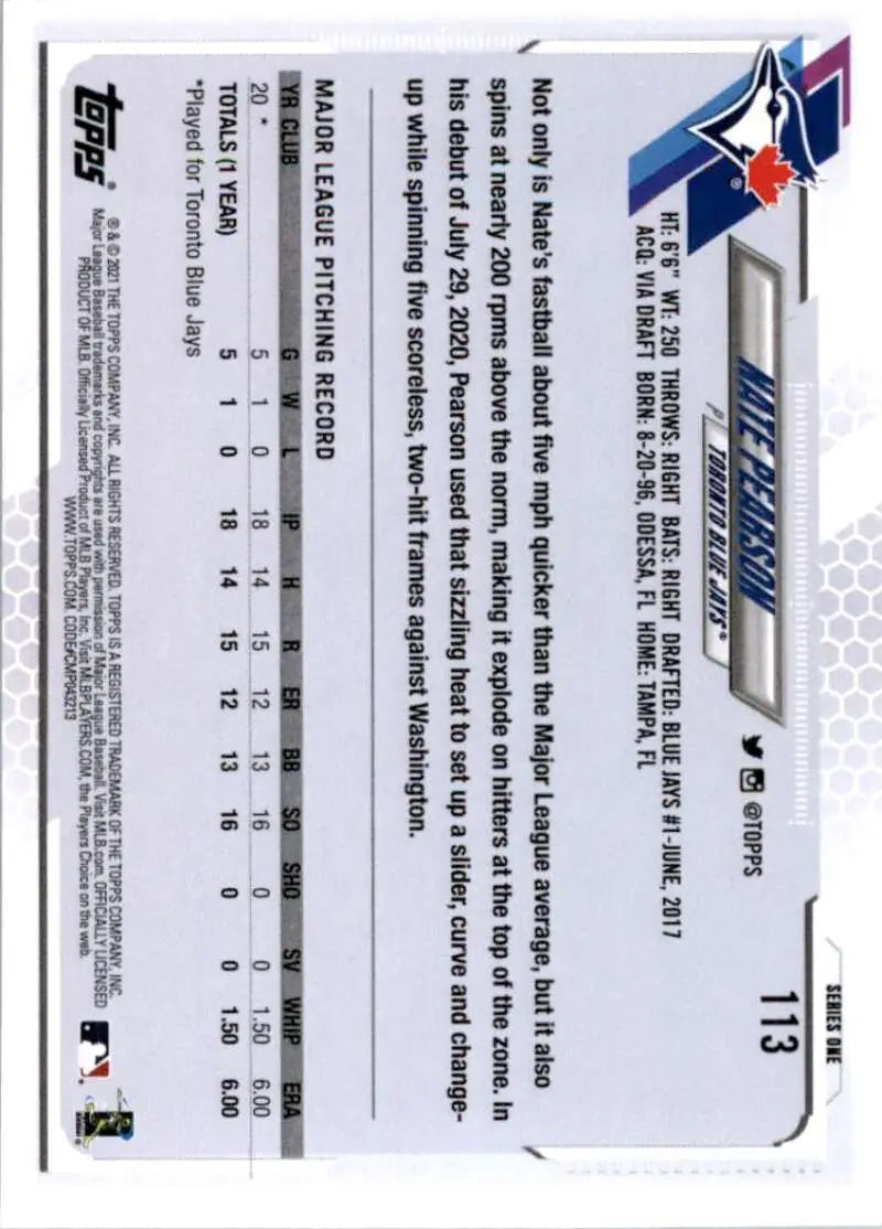 2021 Topps #113 Nate Pearson NM-MT RC Rookie Toronto Blue Jays Baseball Card - Baseball Card Single