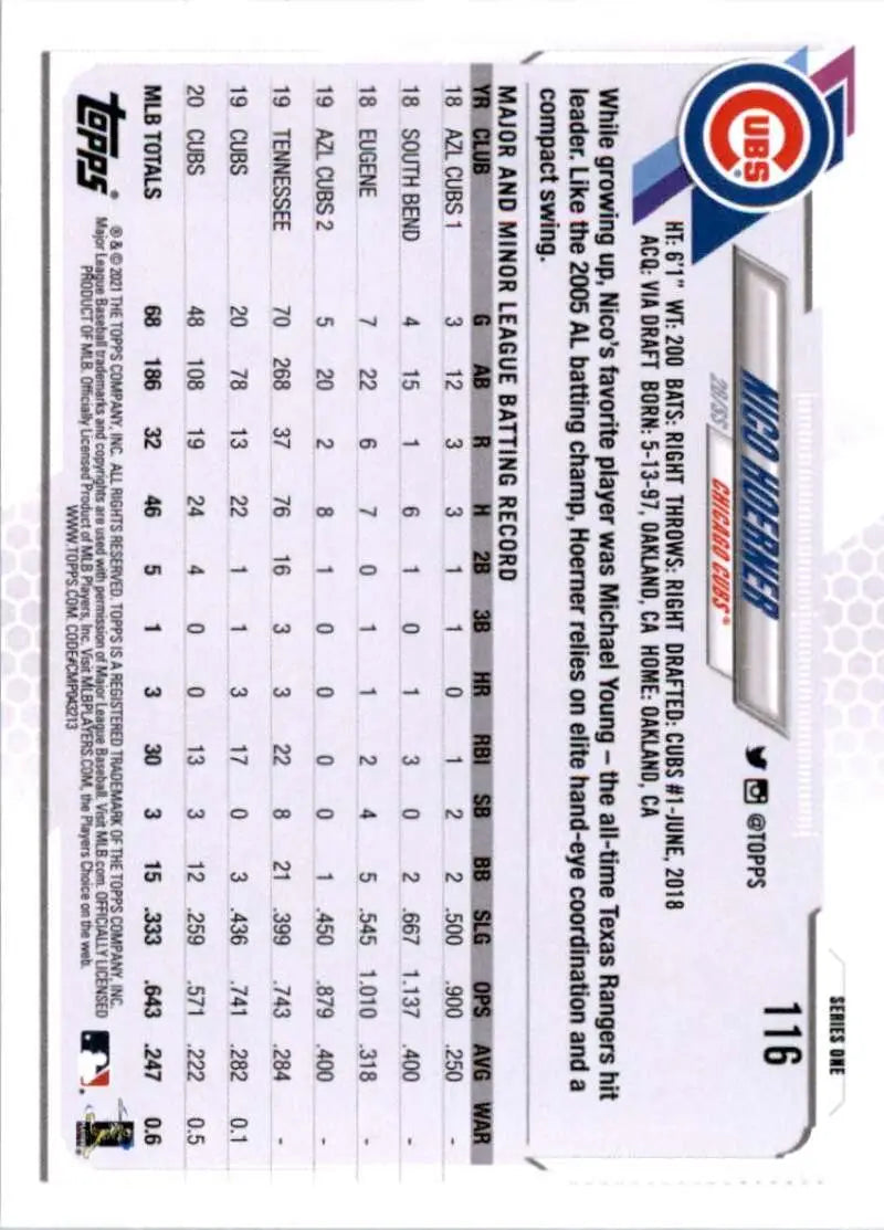 2021 Topps #116 Nico Hoerner NM-MT Chicago Cubs Baseball Card - Baseball Card Single
