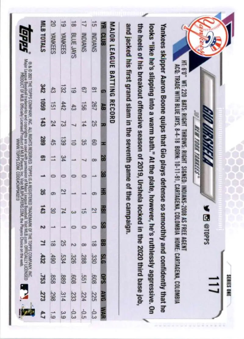 2021 Topps #117 Gio Urshela NM-MT New York Yankees Baseball Card - Baseball Card Single