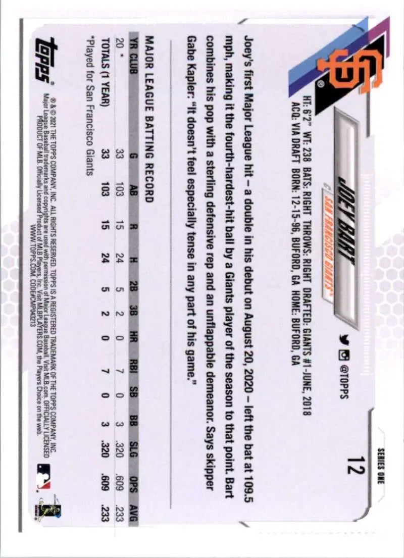 2021 Topps #12 Joey Bart NM-MT RC Rookie San Francisco Giants Baseball Card - Baseball Card Single