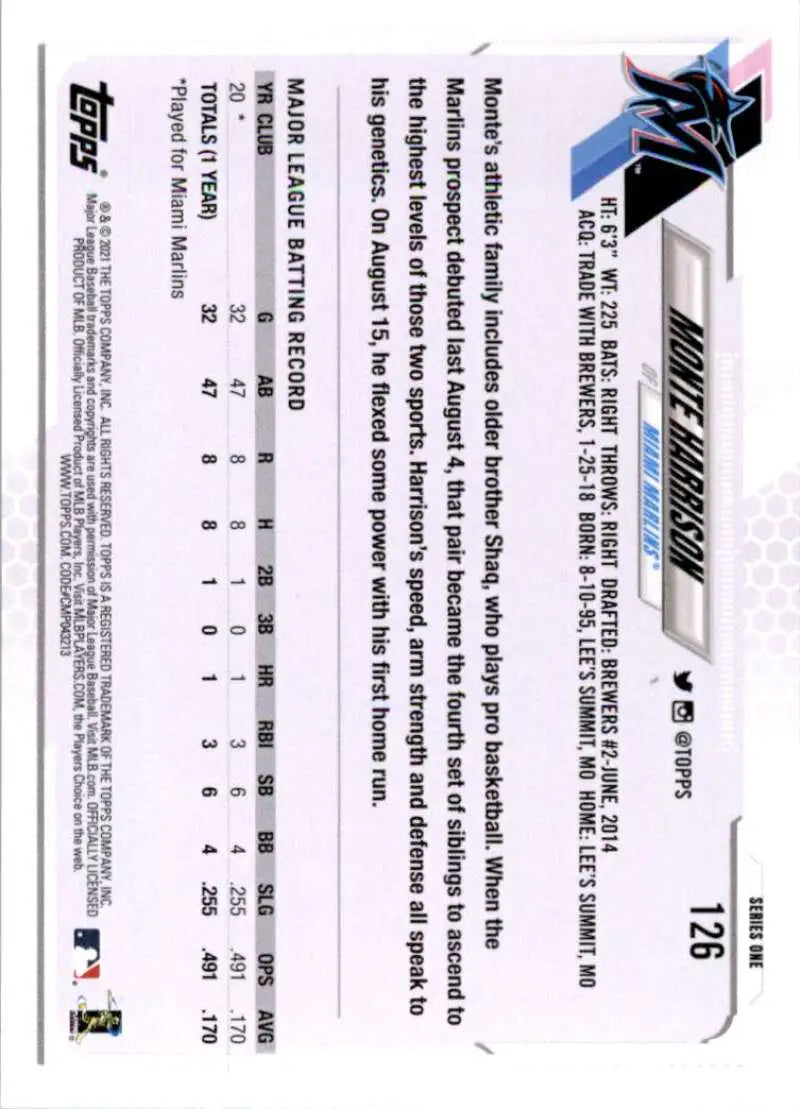 2021 Topps #126 Monte Harrison NM-MT RC Rookie Miami Marlins Baseball Card - Baseball Card Single