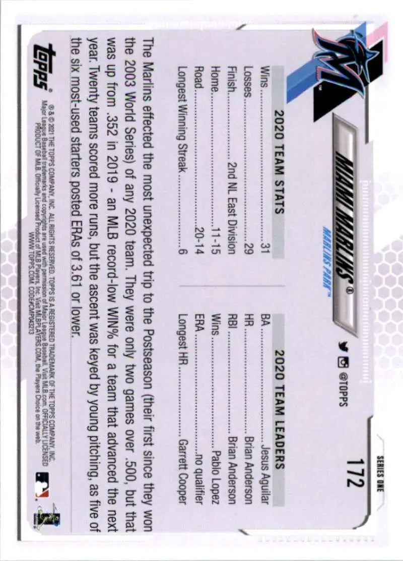 2021 Topps #172 Miami Marlins NM-MT Baseball Card - Baseball Card Single