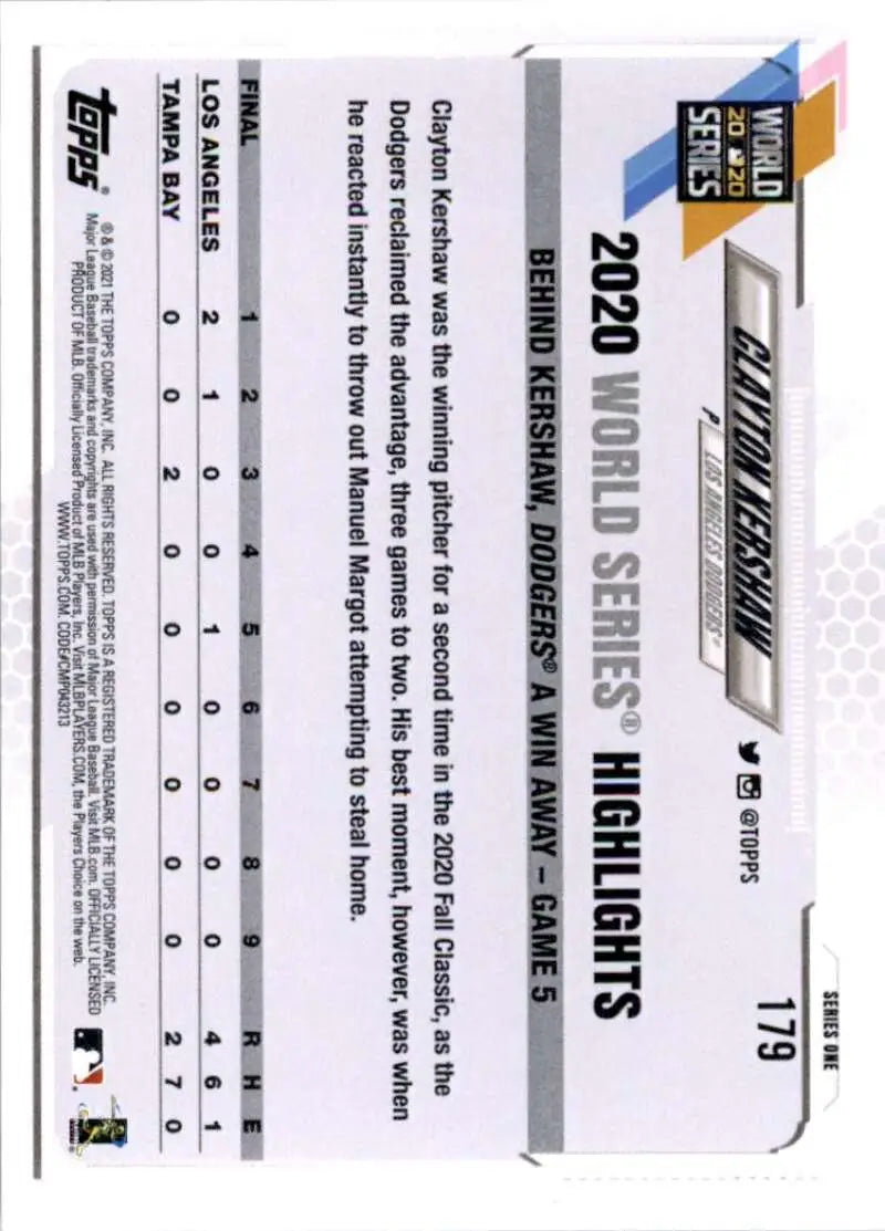 2021 Topps #179 Clayton Kershaw NM-MT Los Angeles Dodgers Baseball Card - Baseball Card Single