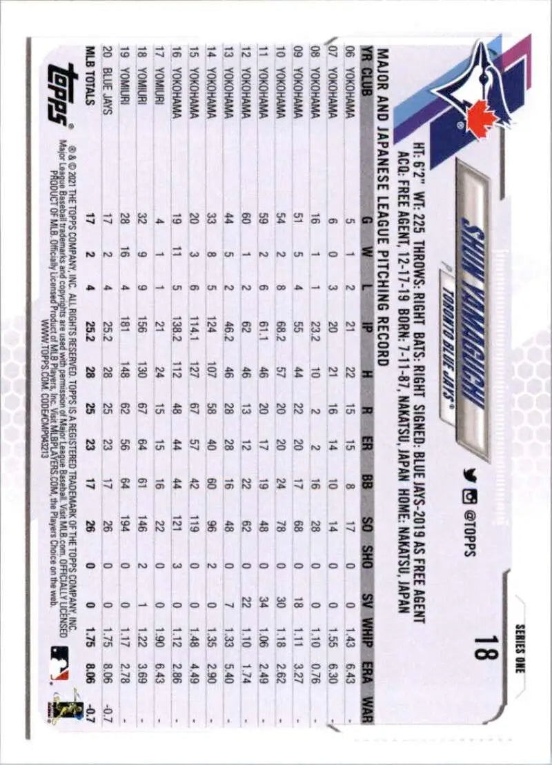 2021 Topps #18 Shun Yamaguchi NM-MT Toronto Blue Jays Baseball Card - Baseball Card Single