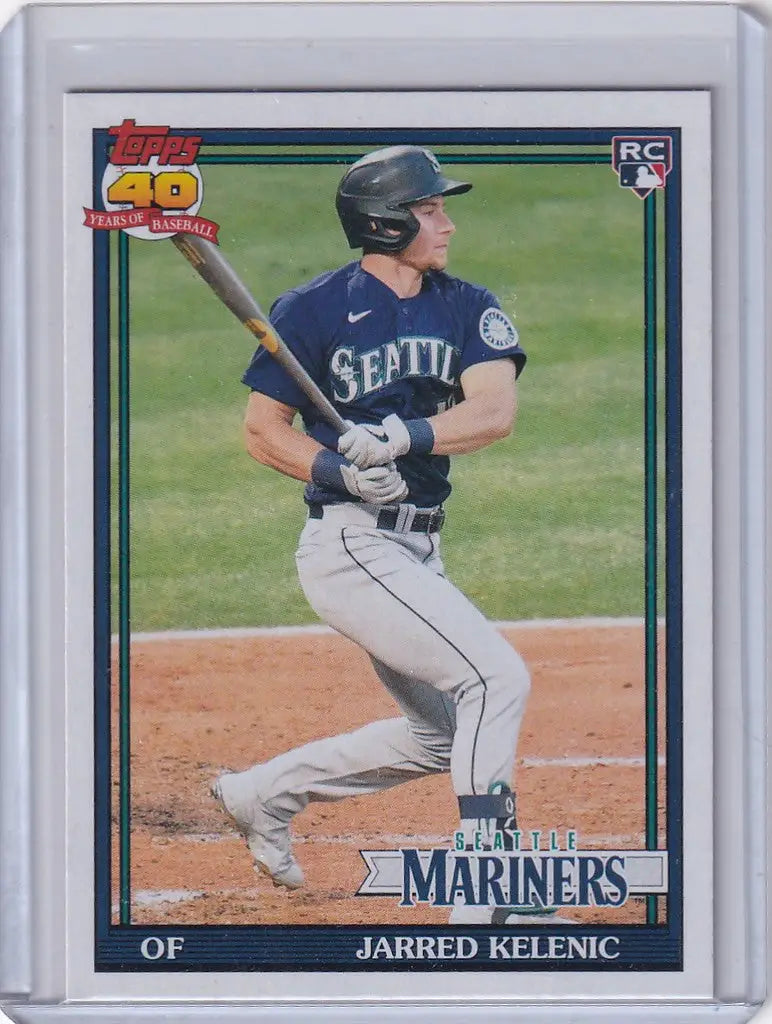 Baseball card of Jarred Kelenic Seattle Mariners player at bat from 2021 Topps #191