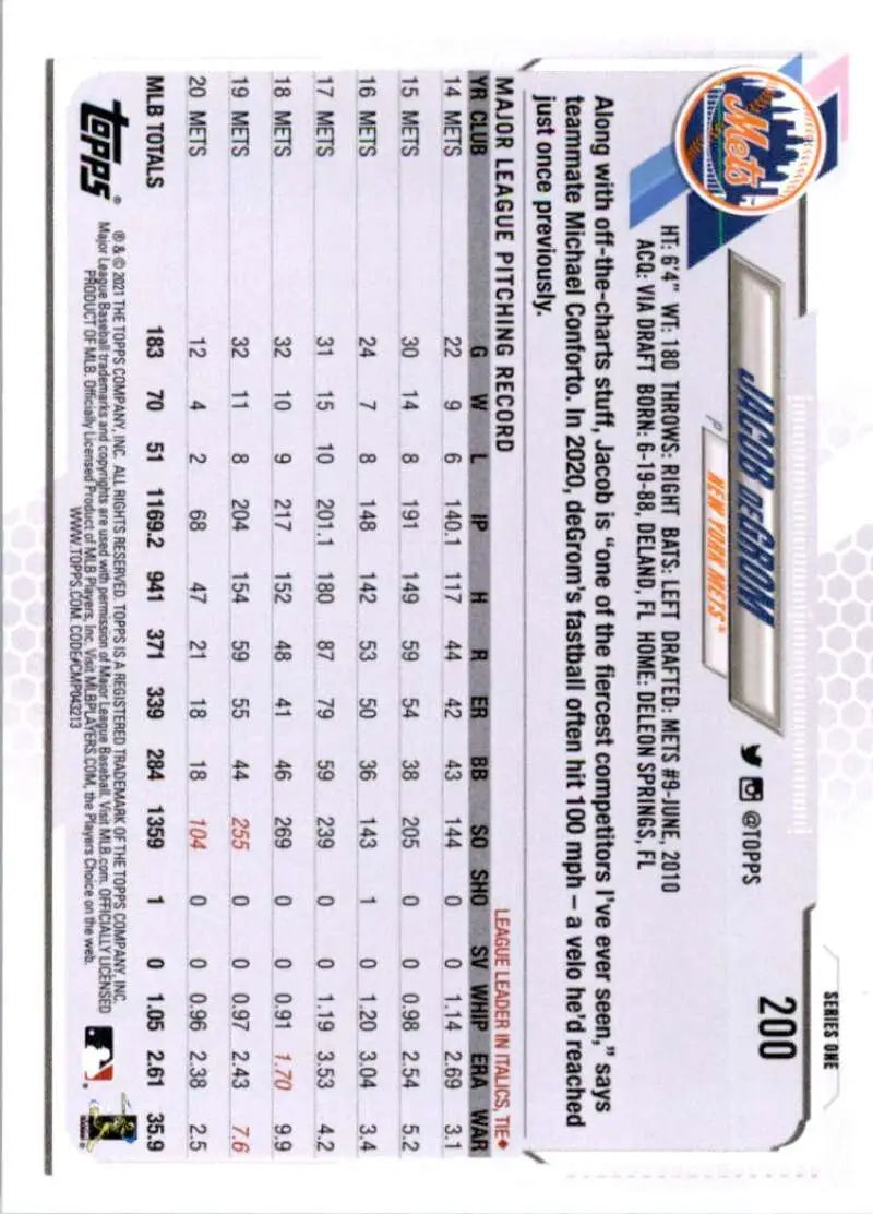 2021 Topps #200 Jacob deGrom NM-MT New York Mets Baseball Card - Baseball Card Single