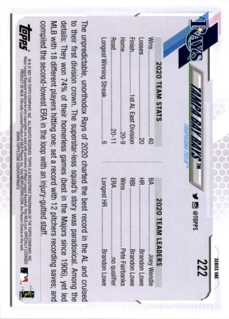 2021 Topps #222 Tampa Bay Rays NM-MT Baseball Card - Baseball Card Single