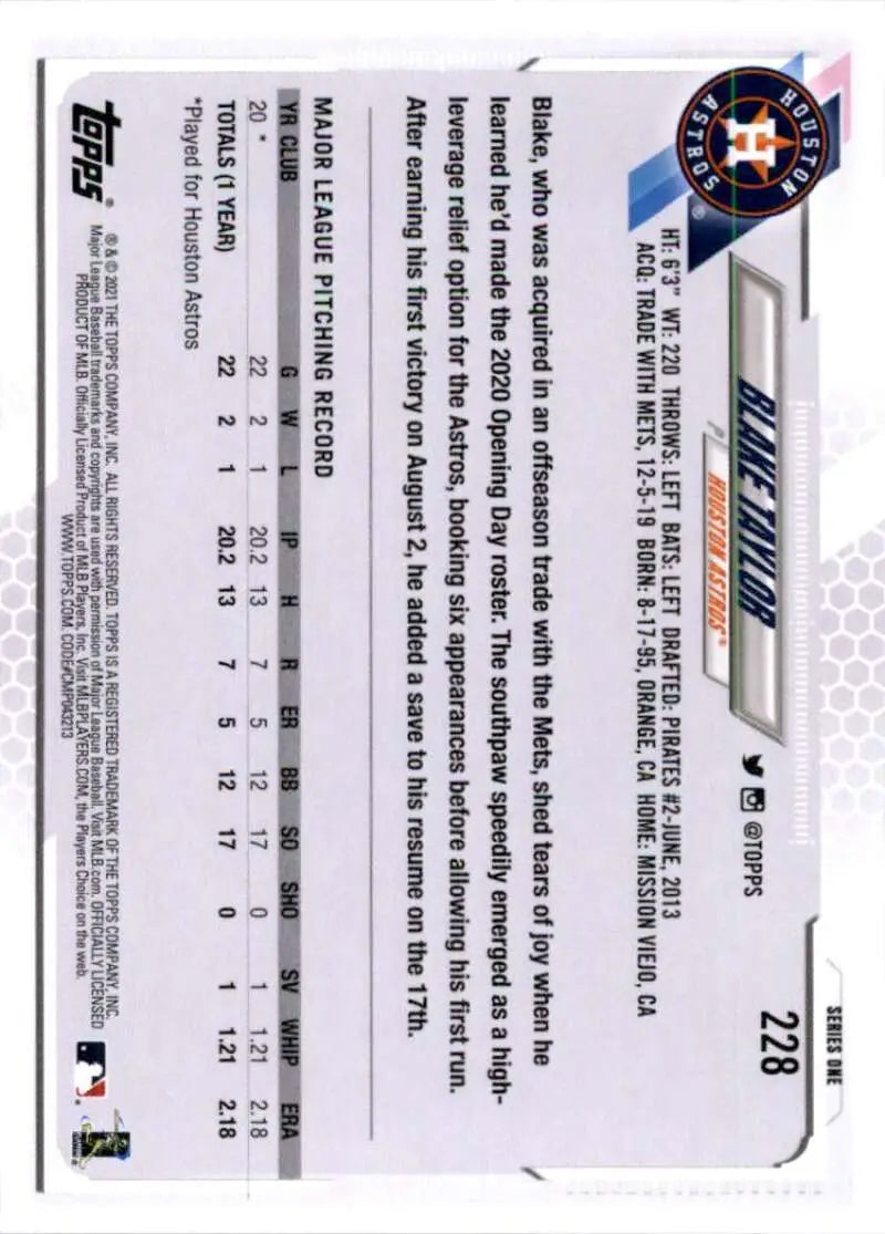 2021 Topps #228 Blake Taylor NM-MT RC Rookie Houston Astros Baseball Card - Baseball Card Single