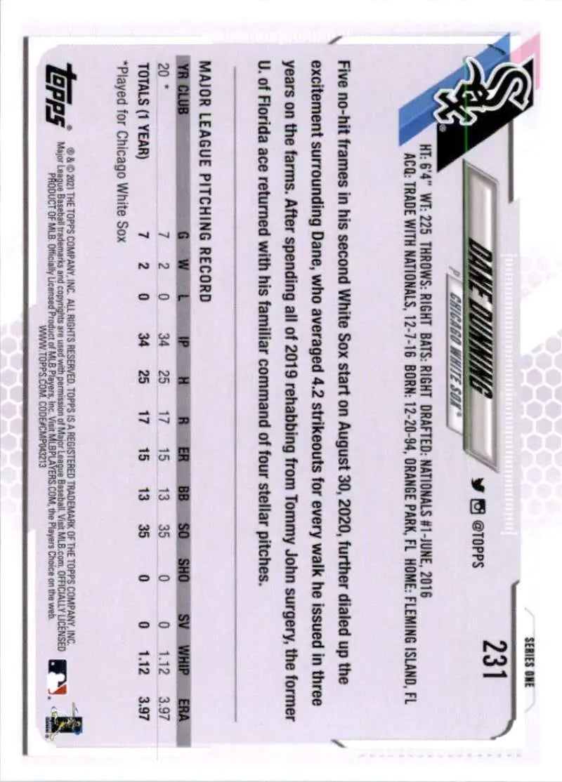 2021 Topps #231 Dane Dunning NM-MT RC Rookie Chicago White Sox Baseball Card - Baseball Card Single