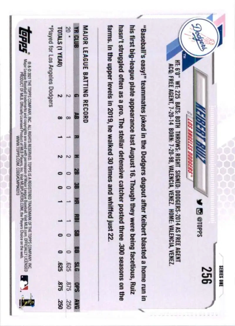 2021 Topps #256 Keibert Ruiz NM-MT RC Rookie Los Angeles Dodgers Baseball Card - Baseball Card Single