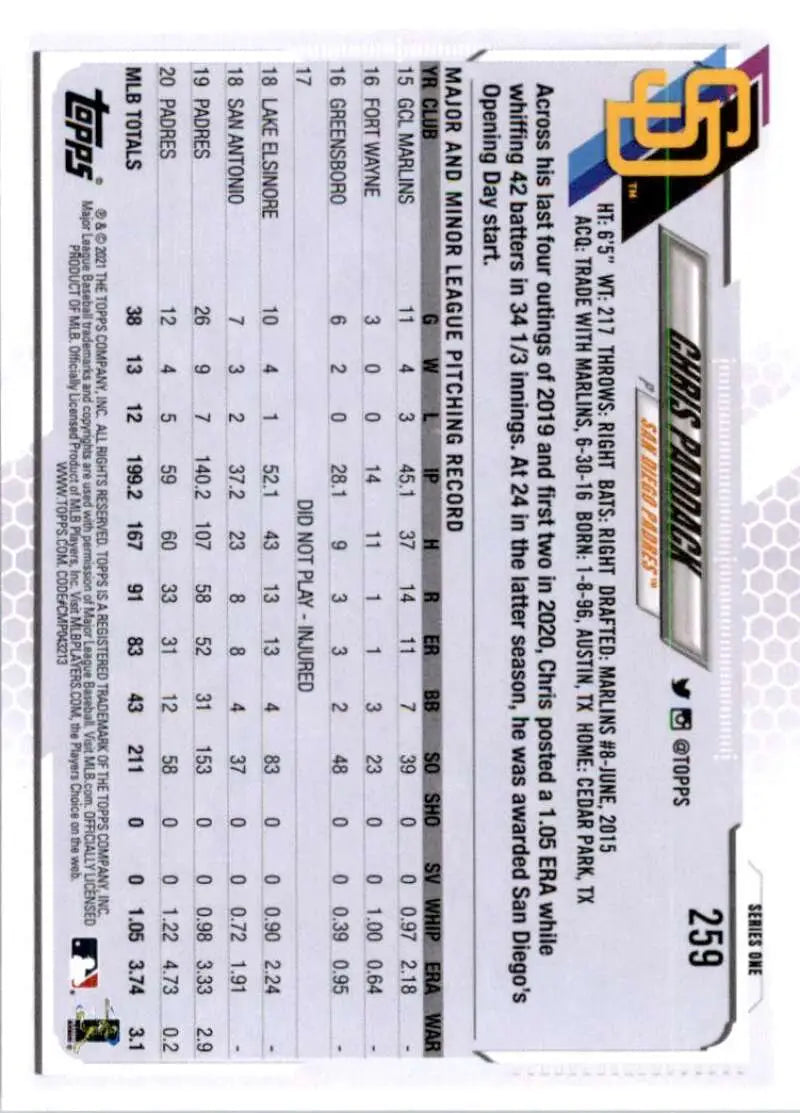2021 Topps #259 Chris Paddack NM-MT San Diego Padres Baseball Card - Baseball Card Single