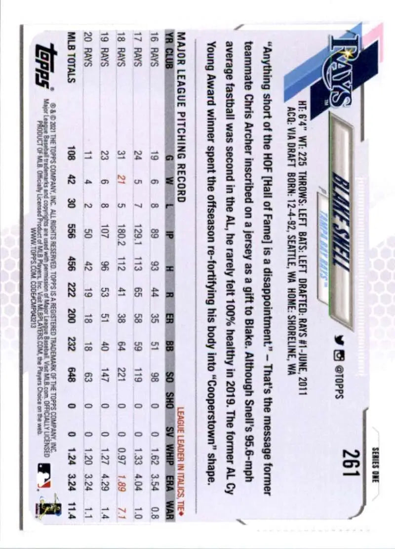 2021 Topps #261 Blake Snell NM-MT Tampa Bay Rays Baseball Card - Baseball Card Single