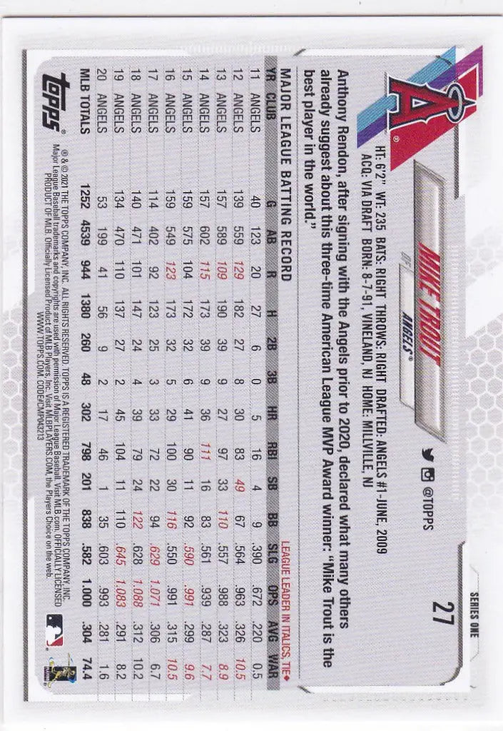 2021 Topps #27 Mike Trout Los Angeles Angels - Baseball Card Single