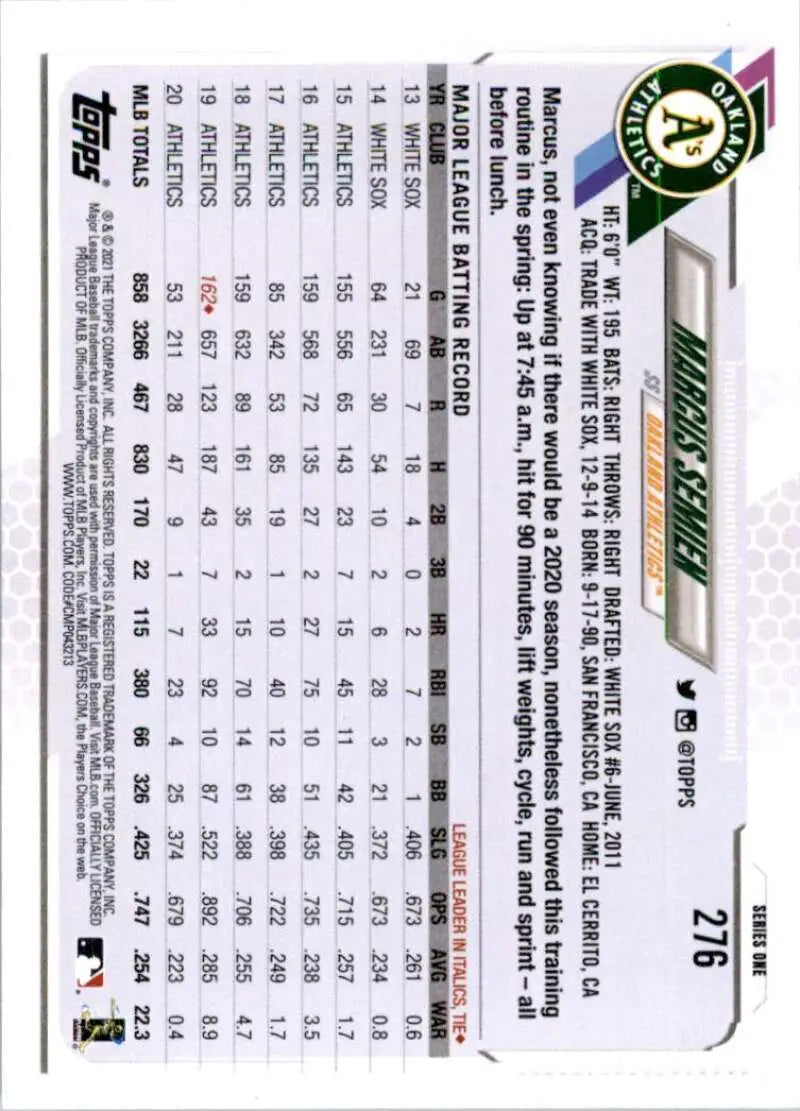 2021 Topps #276 Marcus Semien NM-MT Oakland Athletics Baseball Card - Baseball Card Single