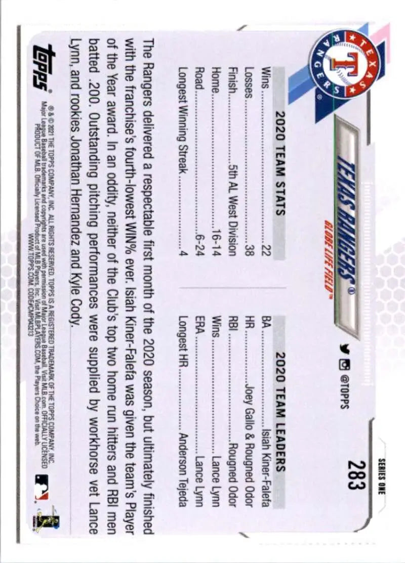 2021 Topps #283 Texas Rangers NM-MT Baseball Card - Baseball Card Single