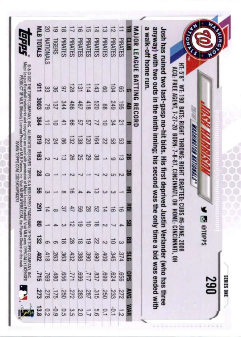 2021 Topps #290 Josh Harrison NM-MT Washington Nationals Baseball Card - Baseball Card Single