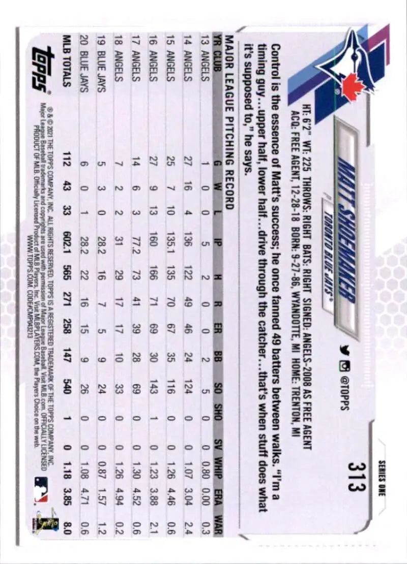 2021 Topps #313 Matt Shoemaker NM-MT Toronto Blue Jays Baseball Card - Baseball Card Single