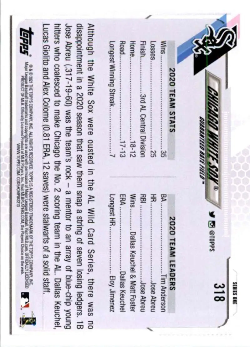 2021 Topps #318 Chicago White Sox NM-MT Baseball Card - Baseball Card Single