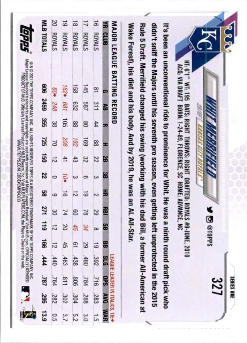 2021 Topps #327 Whit Merrifield NM-MT Kansas City Royals Baseball Card - Baseball Card Single