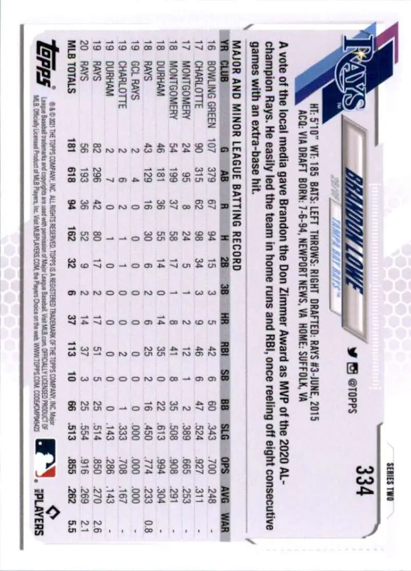 2021 Topps #334 Brandon Lowe NM-MT Tampa Bay Rays Baseball Card - Baseball Card Single