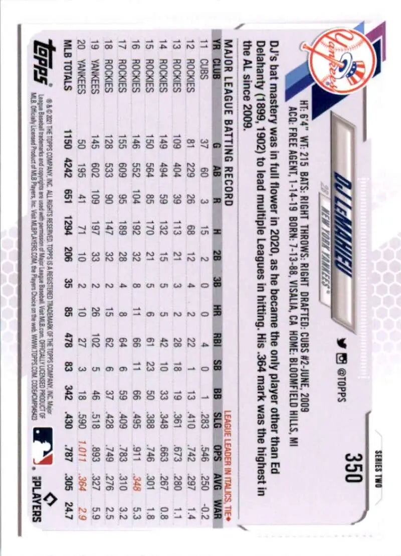 2021 Topps #350 DJ LeMahieu NM-MT New York Yankees Baseball Card - Baseball Card Single