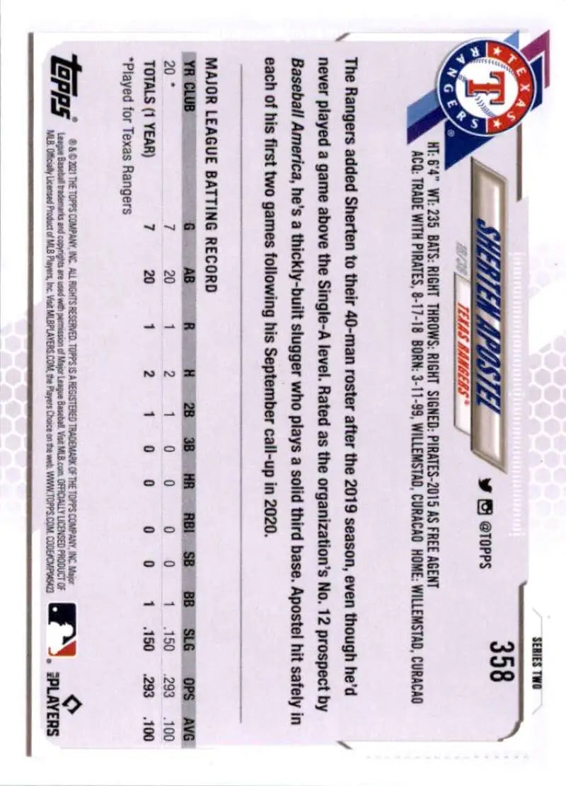 2021 Topps #358 Sherten Apostel NM-MT RC Rookie Texas Rangers Baseball Card - Baseball Card Single