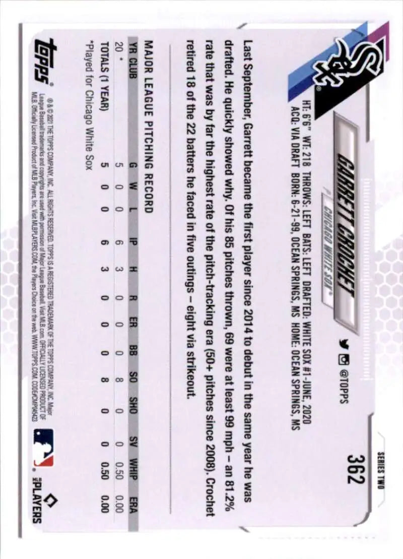 2021 Topps #362 Garrett Crochet NM-MT RC Rookie Chicago White Sox Baseball Card - Baseball Card Single