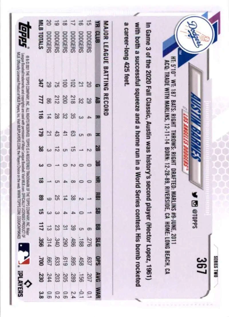 2021 Topps #367 Austin Barnes NM-MT Los Angeles Dodgers Baseball Card - Baseball Card Single