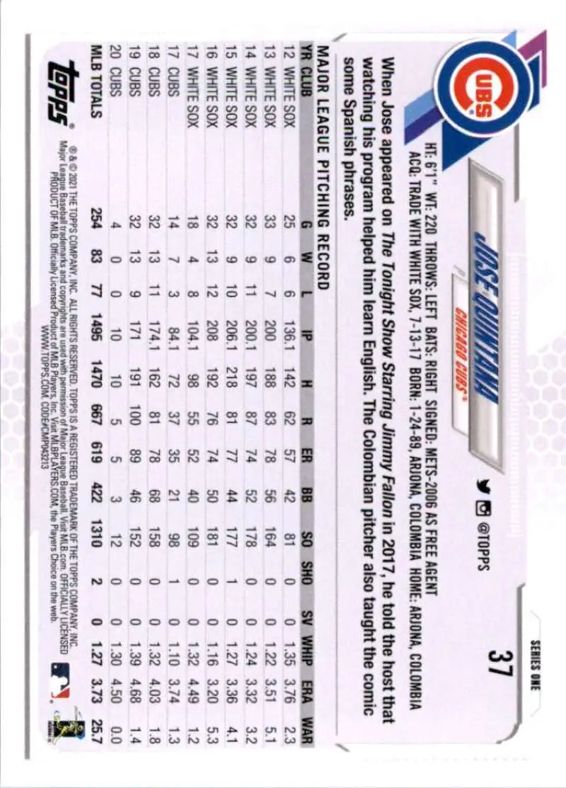 2021 Topps #37 Jose Quintana NM-MT Chicago Cubs Baseball Card - Baseball Card Single