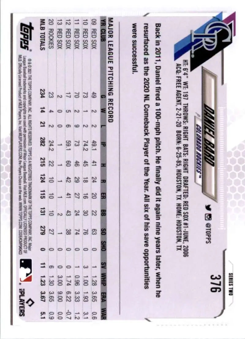 2021 Topps #376 Daniel Bard NM-MT Colorado Rockies Baseball Card - Baseball Card Single