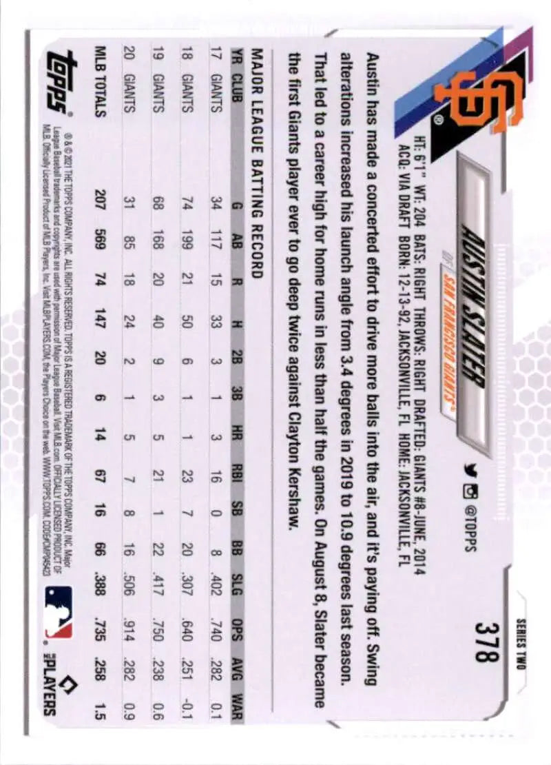 2021 Topps #378 Austin Slater NM-MT San Francisco Giants Baseball Card - Baseball Card Single