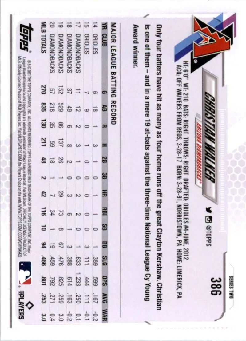 2021 Topps #386 Christian Walker NM-MT Arizona Diamondbacks Baseball Card - Baseball Card Single