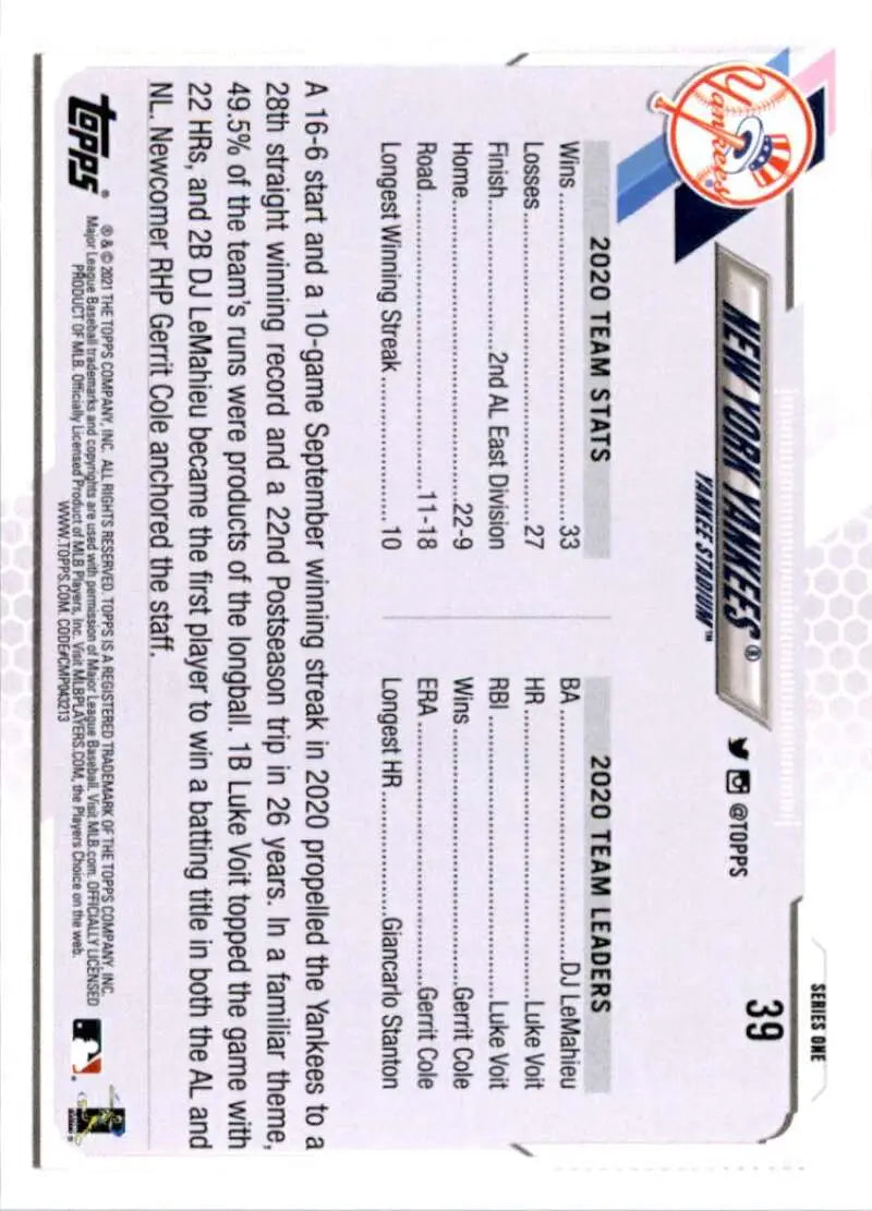2021 Topps #39 New York Yankees NM-MT Baseball Card - Baseball Card Single