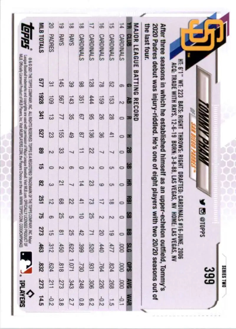 2021 Topps #399 Tommy Pham NM-MT San Diego Padres Baseball Card - Baseball Card Single