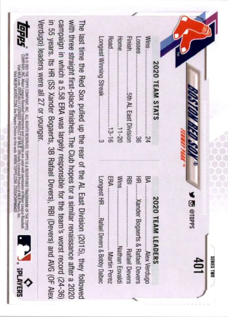 2021 Topps #401 Boston Red Sox NM-MT Baseball Card - Baseball Card Single