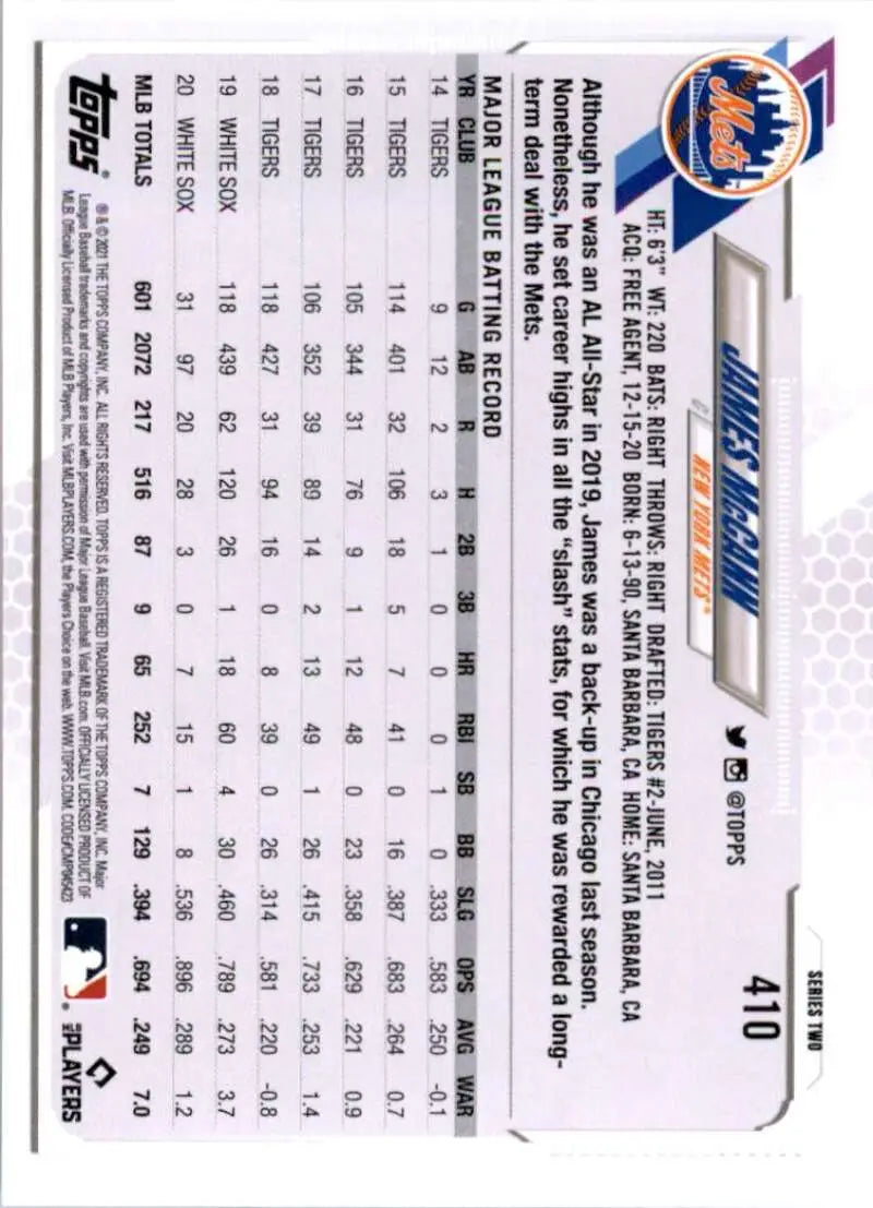 2021 Topps #410 James McCann NM-MT New York Mets Baseball Card - Baseball Card Single