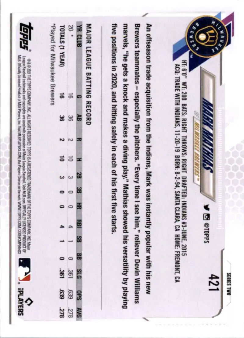 2021 Topps #421 Mark Mathias NM-MT RC Rookie Milwaukee Brewers Baseball Card - Baseball Card Single