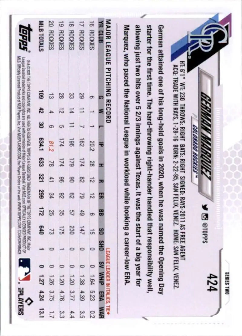 2021 Topps #424 German Marquez NM-MT Colorado Rockies Baseball Card - Baseball Card Single