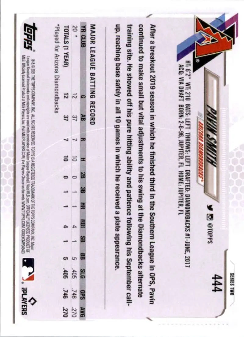 2021 Topps #444 Pavin Smith NM-MT RC Rookie Arizona Diamondbacks Baseball Card - Baseball Card Single