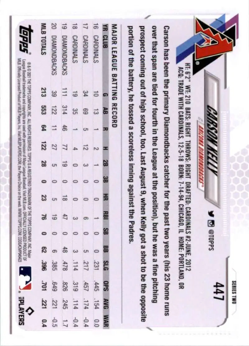 2021 Topps #447 Carson Kelly NM-MT Arizona Diamondbacks Baseball Card - Baseball Card Single